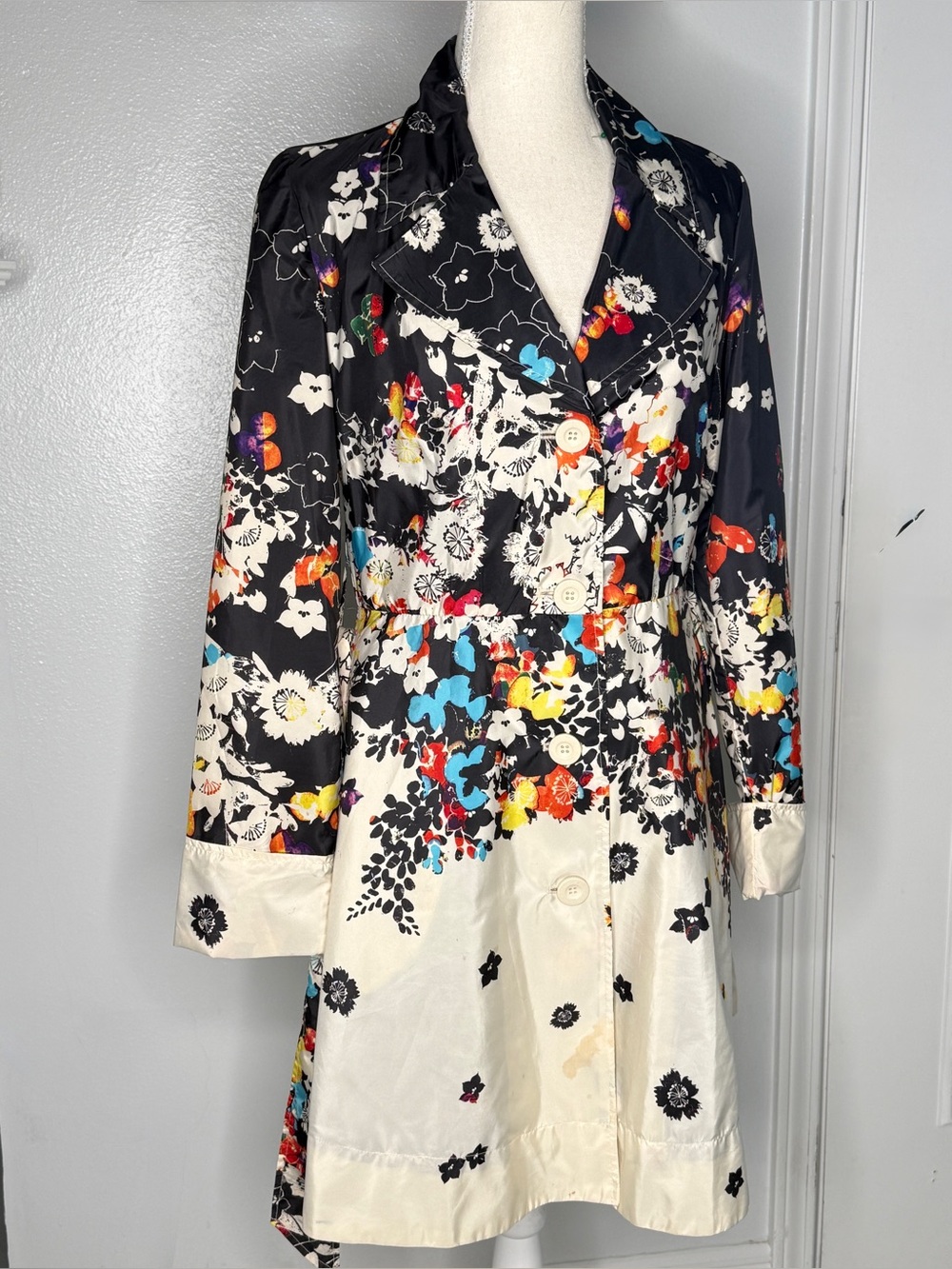 Desigual Statement Floral Trench Coat Black Ivory Multicolor Belted Size 38